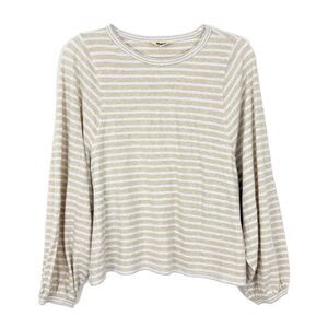 MADEWELL Long Balloon-Sleeve Crewneck Tee M Striped White Beige Relaxed NWT B97
